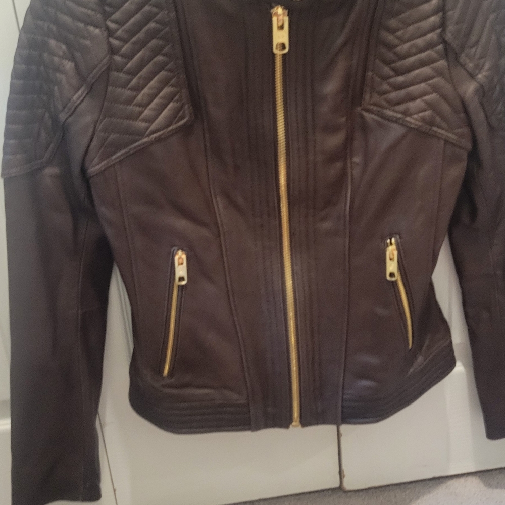 Michael Kors Dark Brown Leather Jacket with Gold Accents
